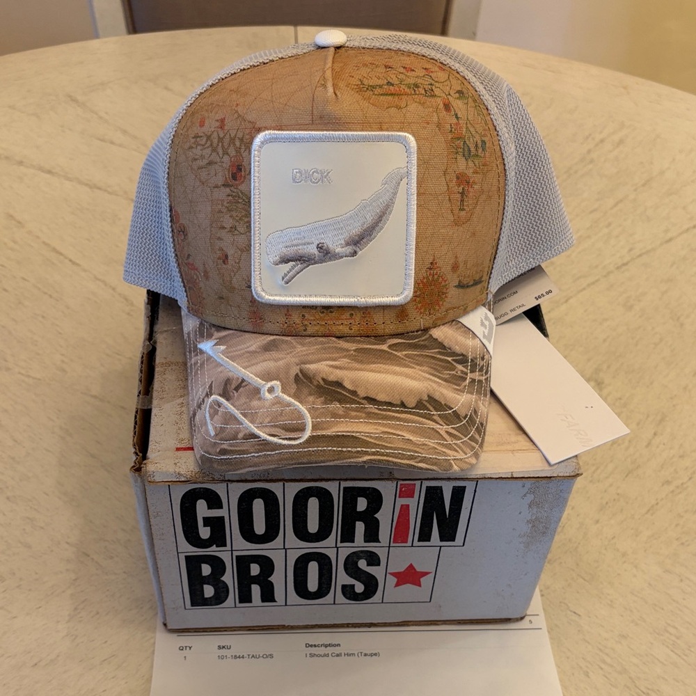 Goorin Bros Whale Patch I Should Call Him Dick Trucker Hat in Tan and White